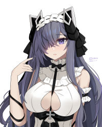 Rule 34 | 1girl, absurdres, artist name, august von parseval (azur lane), august von parseval (the conquered unhulde) (azur lane), azur lane, bare shoulders, between breasts, breasts, cleavage, cross-laced clothes, cross-laced dress, curled horns, dated, dress, hair over one eye, hakuashiro, highres, horns, large breasts, long hair, maid, mechanical horns, official alternate costume, one eye covered, purple eyes, purple hair, simple background, sleeveless, sleeveless dress, solo, strap between breasts, two-tone dress, upper body, white background