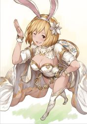 Rule 34 | 10s, 1girl, ;d, alternate costume, animal ears, blonde hair, breasts, cape, djeeta (granblue fantasy), foreshortening, from above, full body, granblue fantasy, hairband, hand on own hip, leotard, lialight, looking at viewer, one eye closed, open mouth, perspective, rabbit ears, rabbit girl, sage (granblue fantasy), short hair, short sleeves, sideboob, smile, solo, thighs, white footwear, wrist cuffs, yellow eyes
