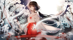 Rule 34 | 1girl, absurdres, black hair, blurry, blurry background, bow, bug, expressionless, highres, inuyasha, japanese clothes, kikyoism, kikyou (inuyasha), long hair, miko, night, petals, ponytail, solo, spider, very long hair, white tree, wind