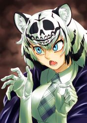 Rule 34 | 1girl, absurdres, animal ear fluff, animal ears, black hair, blue eyes, breasts, brown background, byackopath (artist), collared shirt, commentary request, cosplay, elbow gloves, fang, gloves, grey necktie, highres, jaguarman series, kemono friends, large breasts, looking afar, looking to the side, lower teeth only, necktie, open mouth, plaid necktie, purple robe, robe, shirt, short hair, skull servant, skull servant (cosplay), solo, teeth, tiger ears, tiger girl, upper body, white gloves, white hair, white shirt, white tiger (kemono friends), white tiger print, yu-gi-oh!