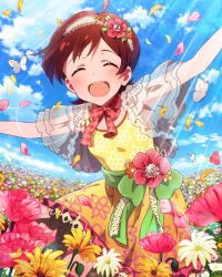 Rule 34 | 10s, 1girl, :d, ^ ^, ahoge, artist request, blue sky, brown hair, bug, butterfly, cloud, day, closed eyes, flower, flower bed, hair flower, hair ornament, idolmaster, idolmaster million live!, bug, jpeg artifacts, kinoshita hinata, lens flare, official art, open mouth, petals, short hair, sky, smile, solo