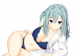 Rule 34 | 1girl, aqua eyes, aqua hair, arm support, blue bra, blue panties, blush, bra, breasts, cleavage, closed mouth, collarbone, commentary request, crossed bangs, double-parted bangs, eyelashes, frilled bra, frilled panties, frills, hair between eyes, hirocchi, lab coat, large breasts, looking at viewer, lying, navel, off shoulder, on side, one side up, panties, panty pull, pulling own clothes, riddle joker, shikibe mayu, simple background, single bare shoulder, smile, solo, thighs, underwear, white background