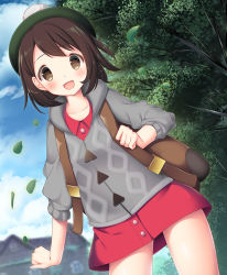 Rule 34 | 1girl, :d, backpack, bad id, bad pixiv id, bag, blush, brown eyes, brown hair, building, creatures (company), game freak, gloria (pokemon), green hat, hat, looking at viewer, murano, nintendo, open mouth, outdoors, pokemon, pokemon swsh, shirt, short hair, smile, solo, tam o&#039; shanter, thighs, tree