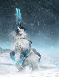 Rule 34 | 3d, aqua eyes, blizzard, blurry, commentary request, dated, highres, horns, looking up, monster, no humans, original, outdoors, qiaogun damodao, signature, snow, snowflakes, standing