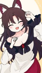 Rule 34 | 1girl, :d, absurdres, animal ear fluff, animal ears, awooo, bare shoulders, blush stickers, breasts, brown hair, cleavage, closed eyes, collarbone, commentary request, cowboy shot, dress, fang, hands up, happy, highres, imaizumi kagerou, large breasts, long hair, off-shoulder dress, off shoulder, open mouth, parted bangs, paw pose, rei (tonbo0430), simple background, smile, solo, touhou, v-shaped eyebrows, very long hair, white background, white dress, wolf ears
