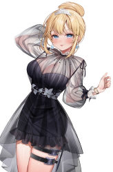 Rule 34 | 1girl, :p, arm behind head, arm up, black dress, blonde hair, blue eyes, blush, bracelet, breasts, cleavage, commentary, cowboy shot, dress, earrings, floral print, hair bun, hand up, highres, hololive, hololive english, jewelry, knife, knife sheath, knife sheath, large breasts, long sleeves, looking at viewer, machi (7769), medium hair, official alternate costume, revision, see-through, see-through sleeves, sheath, simple background, single hair bun, smile, solo, standing, thigh strap, tiara, tongue, tongue out, virtual youtuber, watson amelia, watson amelia (party dress), white background