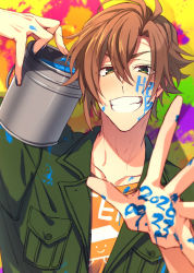 Rule 34 | 1boy, bad id, bad pixiv id, bishounen, body writing, brown hair, bucket, drawing on another&#039;s face, drawing on own face, from argonavis, green eyes, grin, happy birthday, hayasaka kouhei, male focus, paint can, paint on body, paint on clothes, paint splatter, paint splatter on face, saigi, smile, solo