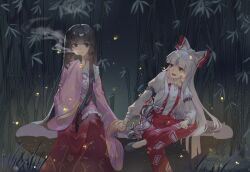 Rule 34 | 2girls, arm belt, bamboo, bamboo forest, black footwear, black hair, blunt bangs, bow, collared shirt, commentary request, cup, forest, frilled shirt collar, frills, fujiwara no mokou, grey eyes, hair bow, hand up, highres, holding, holding cup, holding hands, houraisan kaguya, long hair, long skirt, long sleeves, looking at another, multiple girls, nature, open mouth, outdoors, pants, pink shirt, red bow, red eyes, red pants, red skirt, rock, shirt, shoes, sitting, skirt, smile, steam, suspenders, touhou, two-tone bow, very long hair, white bow, white hair, xinjinjumin249055877979