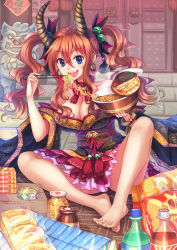 Rule 34 | 1girl, :d, bare shoulders, barefoot, blue eyes, blush, breasts, can, canned food, chips (food), cleavage, cup ramen, detached sleeves, earrings, eating, fangs, feet, food, gold trim, hair between eyes, hair bobbles, hair ornament, hair ribbon, highres, instant ramen, jam, jewelry, large breasts, long hair, looking at viewer, noodles, obi, open mouth, orange hair, original, potato chips, ramen, ribbon, sash, sitting, smile, snack, solo, suikakitsu shiro, twintails, wavy hair, wide sleeves, xia you qing