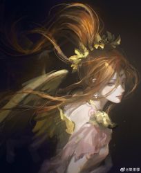 Rule 34 | 1girl, absurdres, azeyma, cacanep, chinese commentary, circlet, commentary request, expressionless, feathered wings, final fantasy, final fantasy xiv, from side, headdress, highres, long hair, looking back, orange eyes, orange hair, ponytail, solo, tattoo, upper body, weibo logo, weibo watermark, wings, wreath, yellow wings