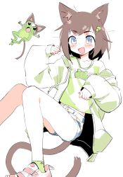 Rule 34 | 1girl, animal ears, arm up, baggy clothes, blue eyes, blue shorts, blush, cat ears, cat frog, cat girl, cat tail, child, collarbone, denim, denim shorts, eds, frog, green footwear, green hair ornament, green shirt, hair ornament, hairclip, hand up, highres, indie virtual youtuber, lily hopkins, long sleeves, looking at viewer, messy hair, open mouth, oversized clothes, oversized jacket, pink footwear, shirt, shorts, simple background, t-shirt, tail, velcro, velcro footwear, virtual youtuber, white background