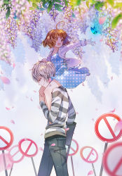 Rule 34 | 1boy, 1girl, accelerator (toaru majutsu no index), ahoge, albino, brown eyes, brown hair, bug, butterfly, carrying, cat princess, crutch, dress, insect, last order (toaru majutsu no index), petals, polka dot, red eyes, road sign, shirt, shoulder carry, sign, silver hair, sitting on shoulder, striped clothes, striped shirt, toaru majutsu no index