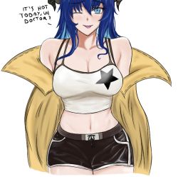 Rule 34 | 1girl, ;), ;p, arknights, black shorts, blue eyes, blue hair, breasts, camisole, cleavage, crop top, fangs (fangs art), hair between eyes, horns, jacket, large breasts, long hair, looking at viewer, midriff, mostima (arknights), navel, official alternate costume, one eye closed, open clothes, open jacket, short shorts, shorts, simple background, smile, solo, spaghetti strap, standing, star (symbol), star print, stomach, tongue, tongue out, white background, yellow jacket