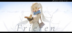 Rule 34 | 1girl, absurdres, artist name, backlighting, bag, bare tree, blue scarf, blush, bread, character name, coat, cowboy shot, dated, elf, fang, floater (floater80012059), food, frieren, green eyes, grey hair, highres, letterboxed, long hair, long sleeves, looking at viewer, mouth hold, parted bangs, pointy ears, scarf, shoulder bag, solo, sousou no frieren, tree, twintails, white coat, winter