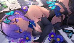 Rule 34 | 1girl, absurdres, bare shoulders, black hairband, black legwear, breasts, bridal gauntlets, brooch, bug, butterfly, cleavage, closed mouth, dark-skinned female, dark skin, detached sleeves, fate/grand order, fate/prototype, fate/prototype: fragments of blue and silver, fate (series), flower, hairband, hassan of serenity (fate), highres, hirakana, insect, jewelry, lace trim, lingerie, looking at viewer, lying, medium breasts, navel, on side, purple eyes, purple hair, ring, short hair, solo, underwear
