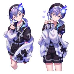 Rule 34 | 1boy, anchor symbol, aqua hair, black headwear, black sailor collar, black shorts, cat ear panties, closed mouth, cropped legs, gradient hair, hair between eyes, hat, heart, heart hands, highres, hitodama, holostars, jacket, long sleeves, looking at viewer, minase rio, multicolored hair, multiple views, off shoulder, one eye closed, open clothes, open jacket, panties, piercing, purple hair, ria (lya s2), sailor collar, shorts, simple background, underwear, uproar (holostars), virtual youtuber, white background