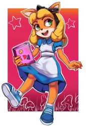 Rule 34 | 1girl, absurdres, alice (alice in wonderland), alice (alice in wonderland) (cosplay), alice in wonderland, alternate costume, alternate hairstyle, animal ears, animal nose, apron, black hairband, blonde hair, blue dress, blue footwear, body fur, border, bow, coco bandicoot, collared dress, computer, cosplay, crash bandicoot (series), dress, eyeshadow, female focus, flat chest, frilled sleeves, frills, full body, furry, furry female, gradient background, grass, green eyes, hair bow, hairband, happy, heart, highres, holding, holding laptop, laptop, long hair, looking to the side, makeup, mushroom, open mouth, orange fur, outline, outside border, pink eyeshadow, puffy short sleeves, puffy sleeves, red background, red lips, shoes, short sleeves, sidelocks, smile, sneakers, socks, solo, standing, star (symbol), sticker, teeth, toasty scones, two-tone fur, white apron, white border, white fur, white outline, white socks