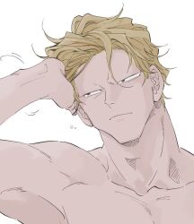 Rule 34 | 1boy, bare shoulders, blonde hair, collarbone, hand on own head, hunter x hunter, looking to the side, male focus, messy hair, muscular, muscular male, nude, phinks magcub, scotch525, short hair, simple background, solo, upper body, white background