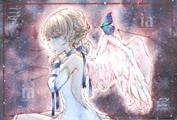 Rule 34 | 1girl, absurdres, bare shoulders, blonde hair, blue butterfly, blue eyes, braid, bug, butterfly, constellation, dress, feathered wings, french braid, from side, highres, insect, limited palette, original, painting (medium), short hair, sky, solo, star (sky), starry sky, tpamjdsta (usatokurasu), traditional media, virgo (constellation), virgo (zodiac), watercolor (medium), white dress, white wings, wings, zodiac