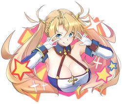 Rule 34 | 1girl, absurdres, bare shoulders, blonde hair, blue eyes, blush, bradamante (fate), bradamante (first ascension) (fate), braid, breasts, cleavage, closed mouth, crown braid, double v, elbow gloves, fate/grand order, fate (series), gloves, hair between eyes, hands up, highres, large breasts, leotard, licking, long hair, looking at viewer, mizuno tera, smile, solo, star (symbol), twintails, v, very long hair, white background