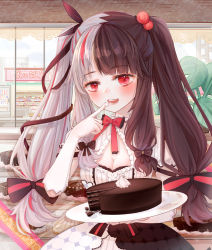 Rule 34 | 1girl, absurdres, breasts, cake, chocolate, chocolate cake, cleavage, food, gloves, hair ornament, highres, long hair, looking at viewer, multicolored hair, nijisanji, open mouth, plate, portrait, red eyes, ribbon, road, solo, split-color hair, street, twintails, virtual youtuber, yorumi rena, yorumi rena (1st costume)