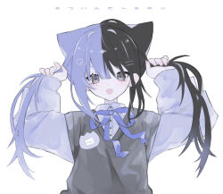 Rule 34 | 1girl, :3, am314, animal ears, black hair, blush, cat ears, cat girl, collared shirt, fang, grey eyes, hair ornament, hairclip, highres, holding, holding own hair, long hair, long sleeves, looking at viewer, mole, mole under eye, multicolored hair, name tag, neck ribbon, open mouth, original, purple hair, ribbon, shirt, solo, split-color hair, sweater vest, translation request, twintails