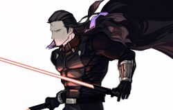 Rule 34 | absurdres, black bodysuit, black cape, black hair, bodysuit, cape, energy sword, fate/grand order, fate (series), highres, holding, holding lightsaber, holding sword, holding weapon, lightsaber, long hair, male focus, nikola tesla (fate), profile, red lightsaber, simple background, sith, star wars, sword, upper body, viscontiapclyps, weapon, white background, yellow eyes