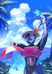 Rule 34 | 2others, arm up, artist name, beach, closed eyes, cloud, day, facing viewer, food, ghost, gloves, hat, heart, maa tc, mettaton, mettaton ex, multiple others, napstablook, ocean, open mouth, outdoors, palm tree, popsicle, robot, sparkle, straw hat, sun hat, tree, umbrella, undertale, white gloves