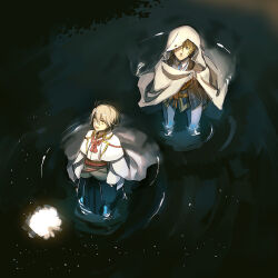 Rule 34 | blonde hair, blue eyes, cloak, commentary request, from above, full moon, hood, hooded cloak, houhou (black lack), japanese clothes, light particles, long sleeves, looking at viewer, looking up, male focus, male saniwa (touken ranbu), moon, moon reflection, multiple boys, necktie, outdoors, partially submerged, reflection, ripples, saniwa (katsugeki/touken ranbu), short hair, smile, touken ranbu, water, white cloak, yamanbagiri kunihiro, yellow eyes