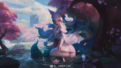 Rule 34 | 1girl, afloat, ahri, animal, animal ears, aqua hair, ass, bare shoulders, bell, neck bell, blue hair, blue sky, cherry blossoms, cloud, cloudy sky, collar, dripping, eyeshadow, facial mark, fingernails, flower, fmm cat, fox, fox ears, fox tail, fur trim, grass, hair bell, hair ornament, highres, league of legends, lily pad, long fingernails, long hair, long sleeves, looking at viewer, looking back, lotus, makeup, moss, mountain, multicolored, multicolored hair, multiple tails, nail polish, off shoulder, orange eyes, outdoors, petals, pink flower, pink nails, red collar, red lips, rock, see-through, sharp fingernails, shiny, shiny skin, sitting, sky, spirit, spirit blossom ahri, standing, tail, torii, tree, very long fingernails, water, wet, whisker markings, white hair, wide sleeves