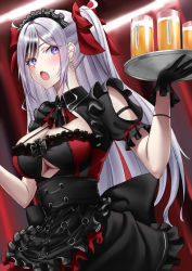 Rule 34 | 1girl, alcohol, alternate costume, azur lane, beer, beer mug, black dress, black gloves, breasts, cleavage, clothing cutout, commentary, corset, cross, cup, dress, elbe (azur lane), elbe (time to show off?) (azur lane), frilled skirt, frills, gloves, hair ribbon, highres, holding, holding tray, iron cross, large breasts, long hair, maid, maid headdress, mug, multicolored hair, naga (pixiv70891418), open mouth, purple eyes, red ribbon, ribbon, sidelocks, silver hair, skirt, solo, streaked hair, sweatdrop, swept bangs, tray, two side up, underboob, underboob cutout, upper body