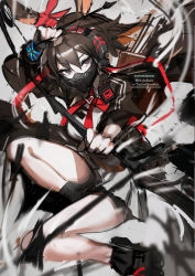 Rule 34 | 1girl, absurdres, animal ears, april (arknights), arknights, arrow (projectile), black footwear, bow (weapon), brown hair, chuhaibane, commission, compound bow, hair between eyes, headphones, highres, holding, holding bow (weapon), holding weapon, implied extra ears, long hair, looking at viewer, mask, mouth mask, purple eyes, quiver, rabbit ears, rabbit girl, shirt, shoes, solo, twitter username, weapon, white shirt