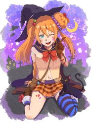 Rule 34 | 1girl, black cat, boots, cat, crescent moon, full body, gloves, halloween, hat, highres, index finger raised, long hair, looking at viewer, moon, navel, one eye closed, open mouth, original, single thighhigh, skirt, smile, solo, striped, thighhighs, witch hat, yuki yuxtuke