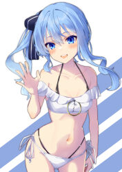 Rule 34 | 1girl, absurdres, bikini, blue eyes, blue hair, blue ribbon, blush, collarbone, commentary request, cowboy shot, hair ribbon, halterneck, hand up, highres, hololive, hoshimachi suisei, kisara mikami, long hair, looking at viewer, off-shoulder bikini, off shoulder, open mouth, ribbon, side-tie bikini bottom, simple background, smile, solo, standing, swimsuit, teeth, upper teeth only, virtual youtuber, white bikini