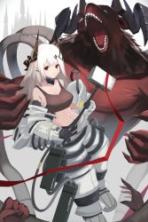 Rule 34 | 1girl, arknights, bare shoulders, crop top, demon girl, demon horns, elite ii (arknights), gloves, holding, holding weapon, horns, infection monitor (arknights), long hair, material growth, mudrock (arknights), mudrock (elite ii) (arknights), oripathy lesion (arknights), piercing, pointy ears, red eyes, ryuya, silver hair, solo, war hammer, weapon