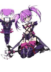 Rule 34 | 1girl, aisha landar, armbinder, arms behind back, bandeau, bdsm, bondage, boots, bound, bound arms, crotch rope, elsword, highres, kinbakuman, locked arms, midriff, miniskirt, navel, purple eyes, purple footwear, purple hair, purple skirt, purple theme, purple thighhighs, restrained, shibari, shibari over clothes, short twintails, skirt, solo, thigh boots, thighhighs, twintails, void princess (elsword)