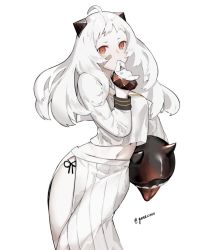 Rule 34 | 1girl, abyssal ship, blush, breasts, colored skin, commentary request, dress, female focus, gloves, horns, kantai collection, long hair, long skirt, looking at viewer, neko (ganecooo), northern ocean princess, aged up, red eyes, simple background, skirt, solo, standing, white background, white dress, white hair, white skin, white theme