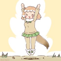 Rule 34 | 1girl, animal ears, arms up, black-tailed prairie dog (kemono friends), bow, bowtie, brown background, brown hair, cardigan, coroha, extra ears, full body, jumping, kemono friends, looking at viewer, scarf, shoes, short hair, simple background, skirt, solo, tail, thighhighs