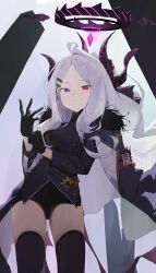 Rule 34 | 1girl, aiguillette, black coat, black gloves, black horns, black thighhighs, blue archive, breasts, closed mouth, coat, coat on shoulders, cowboy shot, demon horns, forehead, fukaumi suichu, fur-trimmed coat, fur trim, gloves, grey hair, halo, highres, hina (blue archive), horns, long hair, long sleeves, looking at viewer, multiple horns, parted bangs, purple eyes, small breasts, smile, solo, thighhighs, wings