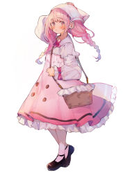 Rule 34 | 1girl, :o, absurdres, arm up, bag, black footwear, blush, bow, braid, commentary request, dress, fingernails, frilled dress, frills, full body, hand on headwear, head scarf, highres, holding, long hair, long sleeves, low twintails, makiaato, nail polish, original, pantyhose, parted lips, pink dress, pink hair, puffy long sleeves, puffy sleeves, red bow, red nails, shoes, shoulder bag, sleeves past wrists, solo, standing, twin braids, twintails, white background, white pantyhose