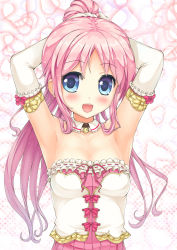 Rule 34 | 1girl, :d, ai shite! homun, armpits, arms up, bare shoulders, blue eyes, blush, detached collar, dress, elbow gloves, endou hiroto, gloves, hair bun, highres, long hair, looking at viewer, open mouth, original, pink hair, seigetten lynette, single hair bun, smile, solo, strapless, teeth, tube top, upper teeth only
