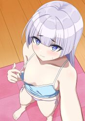 Rule 34 | 1girl, blue eyes, blue shirt, breasts, collarbone, covered erect nipples, dolphin wave, flashing, highres, nipples, one breast out, panties, purple hair, schnee weissberg, shirt, small breasts, solo, tank top, underwear