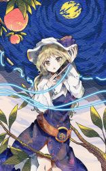 Rule 34 | 1girl, :o, belt, blonde hair, bow, branch, brown belt, buttons, collared shirt, commentary request, dress, food, fruit, hand fan, hat, hat bow, highres, itomugi-kun, long dress, long hair, long sleeves, loose belt, open mouth, peach, pinafore dress, purple bow, purple dress, shirt, single strap, sleeveless, sleeveless dress, solo, touhou, watatsuki no toyohime, white hat, white shirt, yellow eyes