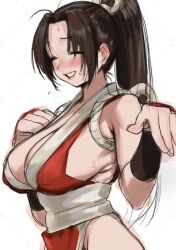 Rule 34 | 1girl, artist request, blush, breasts, brown eyes, brown hair, cleavage, closed eyes, curvy, fatal fury, highres, large breasts, legs together, long hair, pelvic curtain, revealing clothes, shiny skin, shiranui mai, sideboob, smile, snk, solo, sweat, sweatdrop, thighs, white background, wide hips