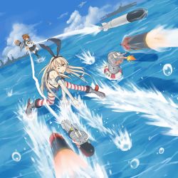 Rule 34 | &gt; &lt;, 10s, 2girls, aircraft, airplane, anchor, bandages, black panties, blonde hair, boots, brown eyes, brown hair, closed eyes, cloud, day, elbow gloves, explosion, folded ponytail, gloves, hair ornament, hair ribbon, half updo, highres, inazuma (kancolle), injury, innertube, kantai collection, machinery, multiple girls, mumyuu, navel, o o, ocean, one eye closed, outdoors, panties, personification, rensouhou-chan, ribbon, shimakaze (kancolle), ship, sky, striped clothes, striped legwear, striped thighhighs, sweatdrop, swim ring, tears, thighhighs, torn clothes, torpedo, triangle mouth, turret, underwear, water, watercraft, wink, yellow eyes