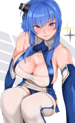 Rule 34 | 1girl, ahoge, azur lane, bare shoulders, blue hair, blue panties, blush, breasts, buttons, cleavage, closed mouth, collarbone, commentary request, dress, elbow gloves, garter straps, gloves, head tilt, large breasts, leaning forward, lips, long hair, looking at viewer, outstretched arm, panties, pantyshot, purple eyes, sidelocks, sitting, skindentation, sleeveless, sleeveless dress, smile, solo, sparkle, st. louis (azur lane), thighhighs, thighs, underwear, white gloves, white thighhighs, yamaishi (mukoubuti)