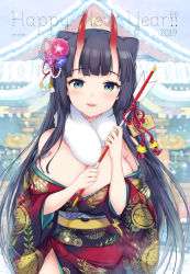 Rule 34 | 1girl, 2019, arrow (projectile), bare shoulders, black hair, blush, breasts, cleavage, day, ema, fangs, floral print, flower, fur collar, green eyes, hair flower, hair ornament, hamaya, happy new year, horns, japanese clothes, kimono, large breasts, long hair, long sleeves, looking at viewer, miyano ururu, new year, obi, off shoulder, oni, oni horns, open mouth, original, outdoors, parted lips, sash, shrine, smile, solo