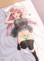 Rule 34 | 1girl, ahoge, arms up, bare shoulders, black socks, blush, breasts, brown dress, clothes pull, condom, condom wrapper, dress, green eyes, green panties, heart, heart hands, kneehighs, large breasts, long hair, looking at viewer, navel, open mouth, original, panties, pink hair, sawada yuusuke, shorts, shorts pull, smile, socks, solo, twintails, underwear