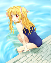 Rule 34 | 00s, 1girl, :d, blonde hair, competition school swimsuit, fate testarossa, hair ribbon, long hair, lyrical nanoha, mahou shoujo lyrical nanoha, one-piece swimsuit, open mouth, pool, poolside, red eyes, ribbon, school swimsuit, sitting, smile, solo, swimsuit, takana (nanao), twintails, two side up