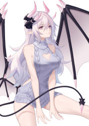 Rule 34 | 1girl, absurdres, backless outfit, bare arms, bare shoulders, breasts, cleavage, cleavage cutout, closed mouth, clothing cutout, collarbone, commentary request, dragon girl, dragon horns, dragon tail, dragon wings, dress, feet out of frame, grey dress, grey sweater, hair between eyes, heart cutout, highres, horns, kirby d a, large breasts, long hair, looking at viewer, meme attire, original, pointy ears, revision, silver hair, simple background, sitting, sleeveless, sleeveless turtleneck, slit pupils, smile, solo, sweater, sweater dress, tail, turtleneck, very long hair, virgin killer sweater, white background, wings